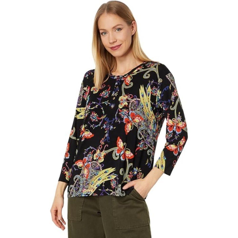 Johnny Was Women's Multicolor Shell Buttons Pottery Henley Top Size XXS
